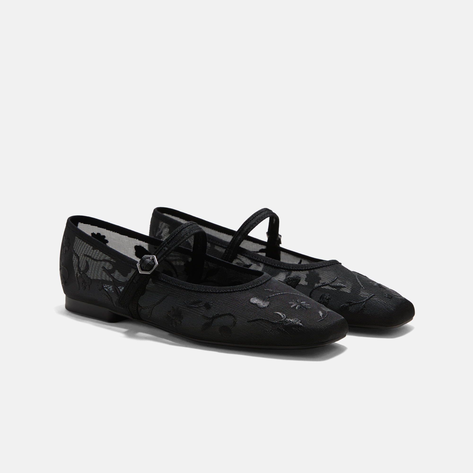 Square-Toe Mary Janes (Margot Mary Jane) - Black French Floral Mesh